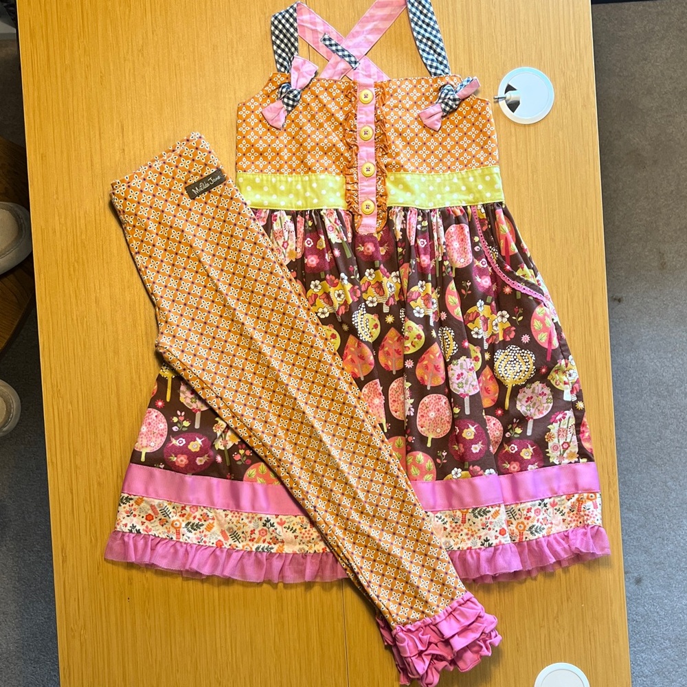 EUC MATILDA JANE TWO PIECE outfit. Colorful Kids Dress with Leggings.